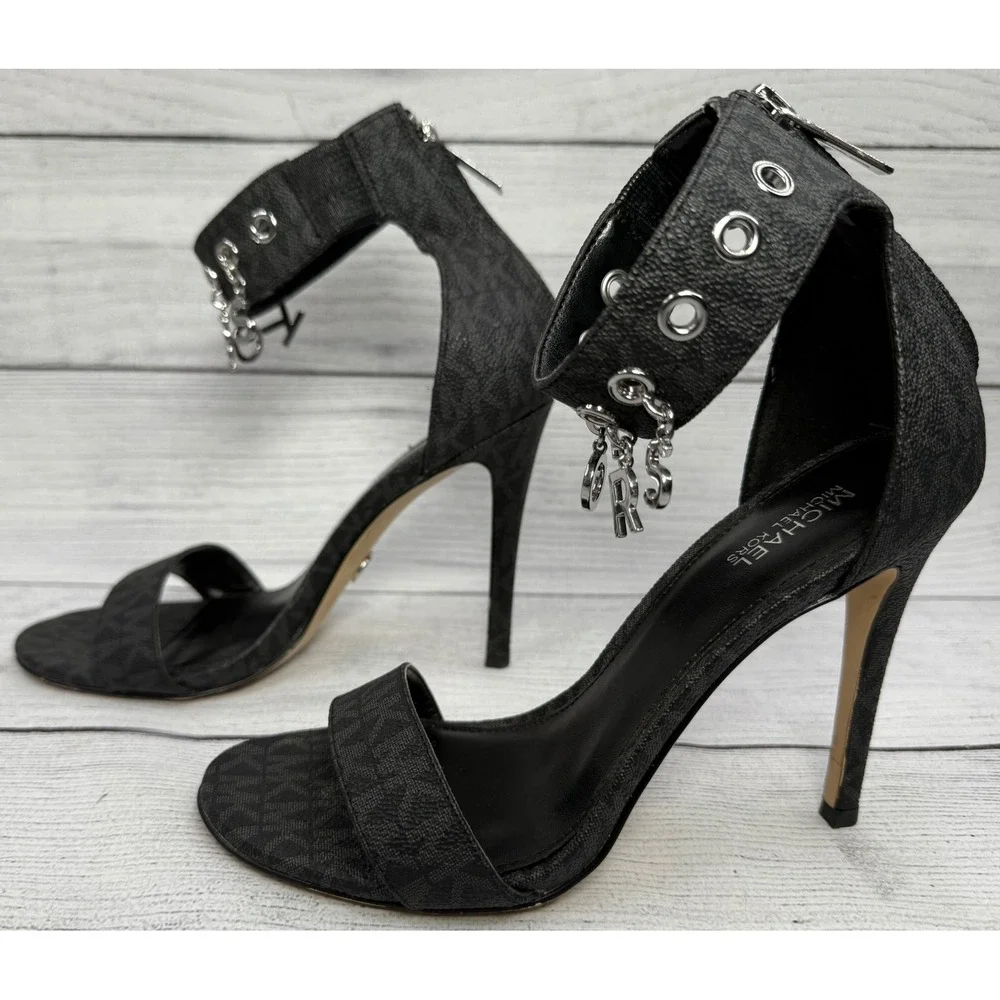 Michael Kors Black Kelli Logo‎ Charm Ankle Strap Heeled Sandals Size 6M
